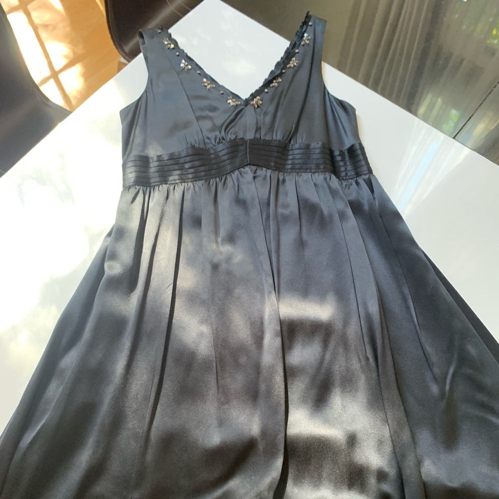 Silk like black V neck dress with rinestone bling detail
